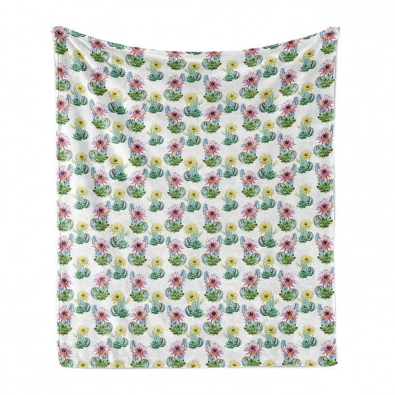 Cactus Soft Flannel Fleece Blanket, Watercolor Foliage Pattern Botanical Elements Floral Spring Season Blossoming Nature, Cozy Plush for Indoor and Outdoor Use, 70" x 90", Multicolor, by Ambesonne