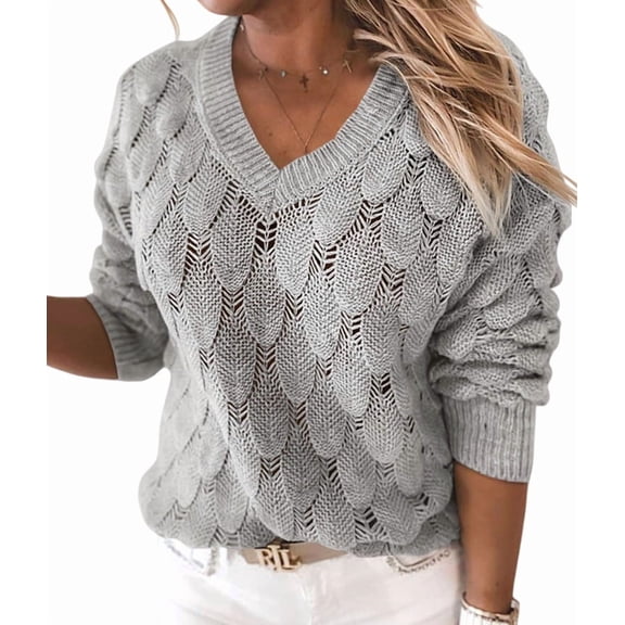 Women'S V Neck Hollowed Out Sweater Long Sleeve Knit Pullover Sweater Gray S