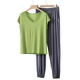 thumbnail image 3 of Bixock Pajamas for Women Set Solid Color V Neck Short Sleeve Long Pants Loungewear Set Loose Casual 2 Piece Pjs Sleepwear for Daily Home Wear, 3 of 5