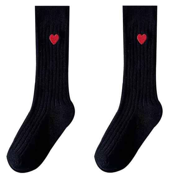 CHCNHAC 1 Pair Girls Mid Calf Socks Black with Red Embroidered Heart, Soft Cotton Crew Socks for Kids School Daily Wear