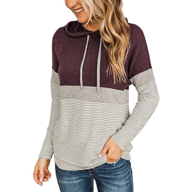 Women's Color Block Hoodies Fall Long Sleeve Sweatshirt Casual Drawstring Pullover Tops Striped Tunic Shirts