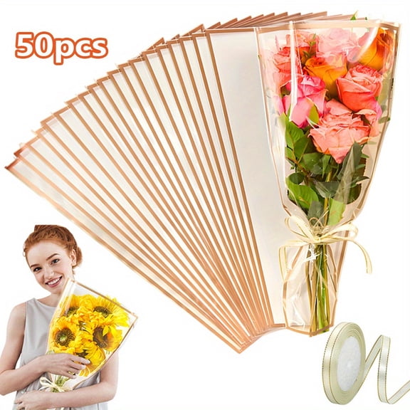 Bulk Flower Bouquet Wrapping Bags - 50 Pack with 72ft Ribbon for Florists & Events