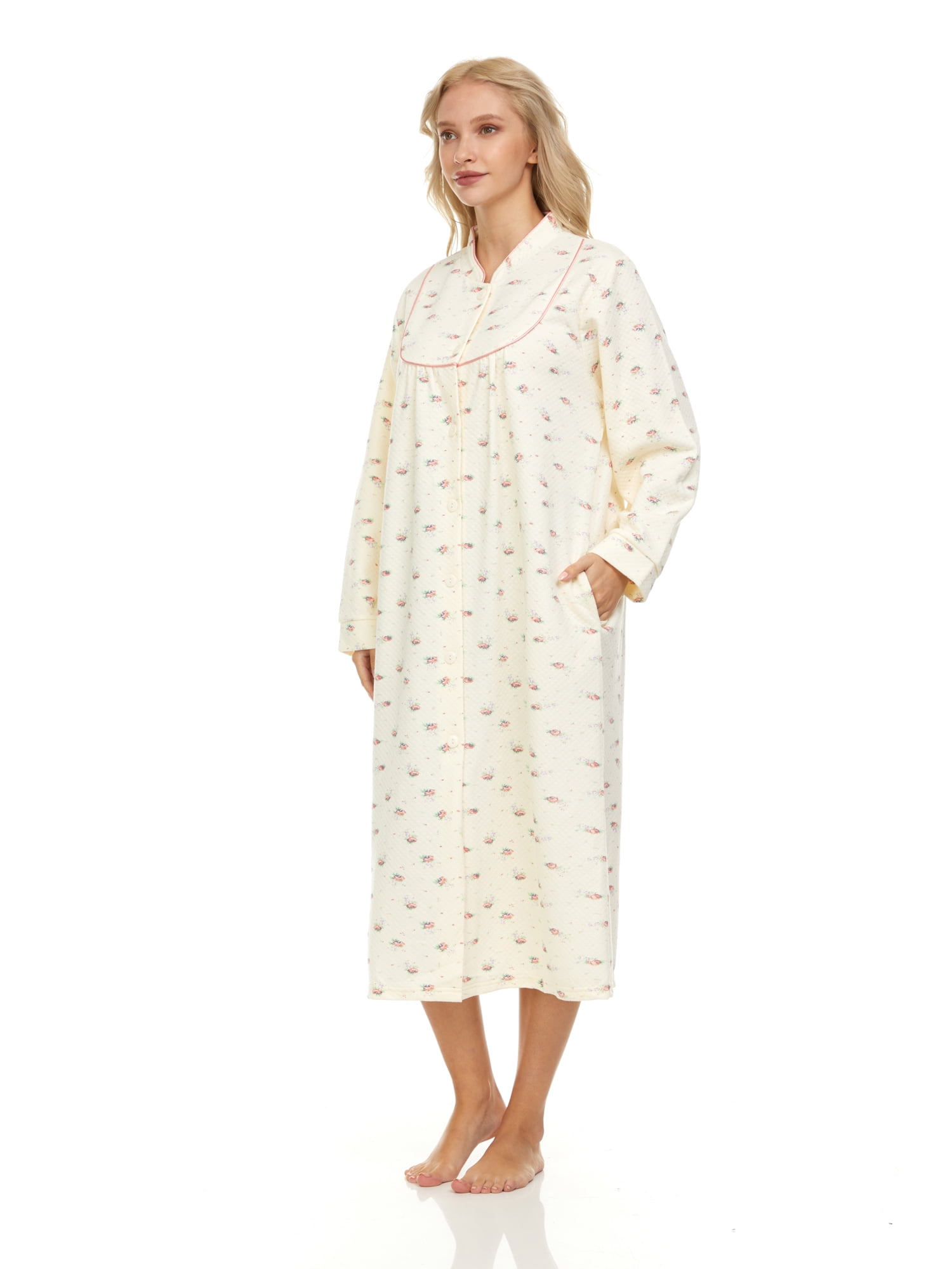 Lati Fashion Women Long Sleeve Quilted Robe Female Nightgown Beige S