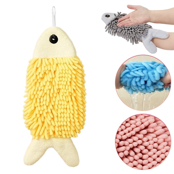Animal Hand Towels Cozival Fish Shaped Hand Towels - Absorbent Microfiber Coral Fleece with Hanging Loop, Lint-Free Kitchen & Bathroom Decor, Cute Animal Theme for Kids & Guest Bath, Yellow
