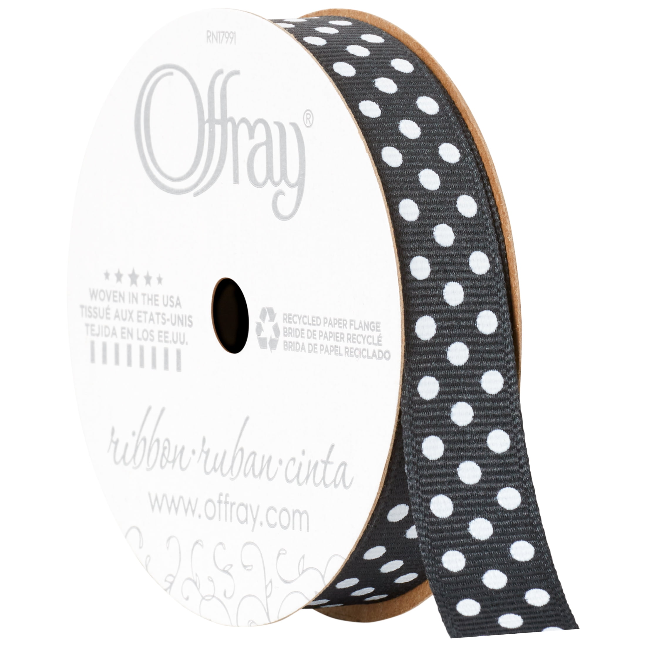 Offray Ribbon, Black 5/8 inch White Dots Grosgrain Ribbon, 9 feet
