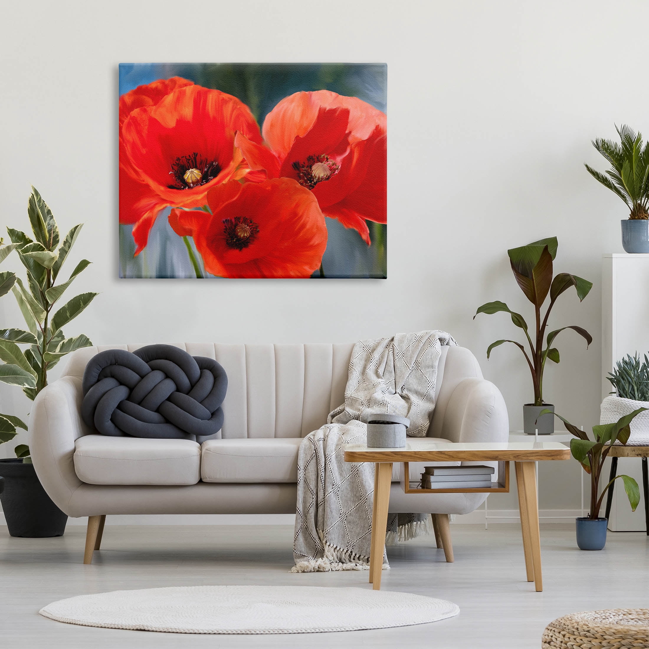 Bold Red Poppy Flower Trio Botanical & Floral Painting Gallery Wrapped Canvas Print Wall Art