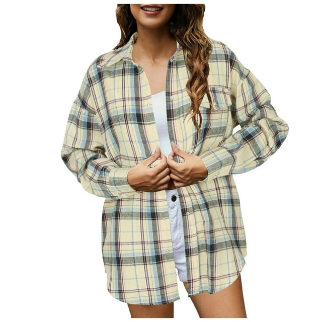HBFAGFB Plaid Button Down Shirts for Women Business Work Clothes Simple Jackets Daily Wear Khaki Size M