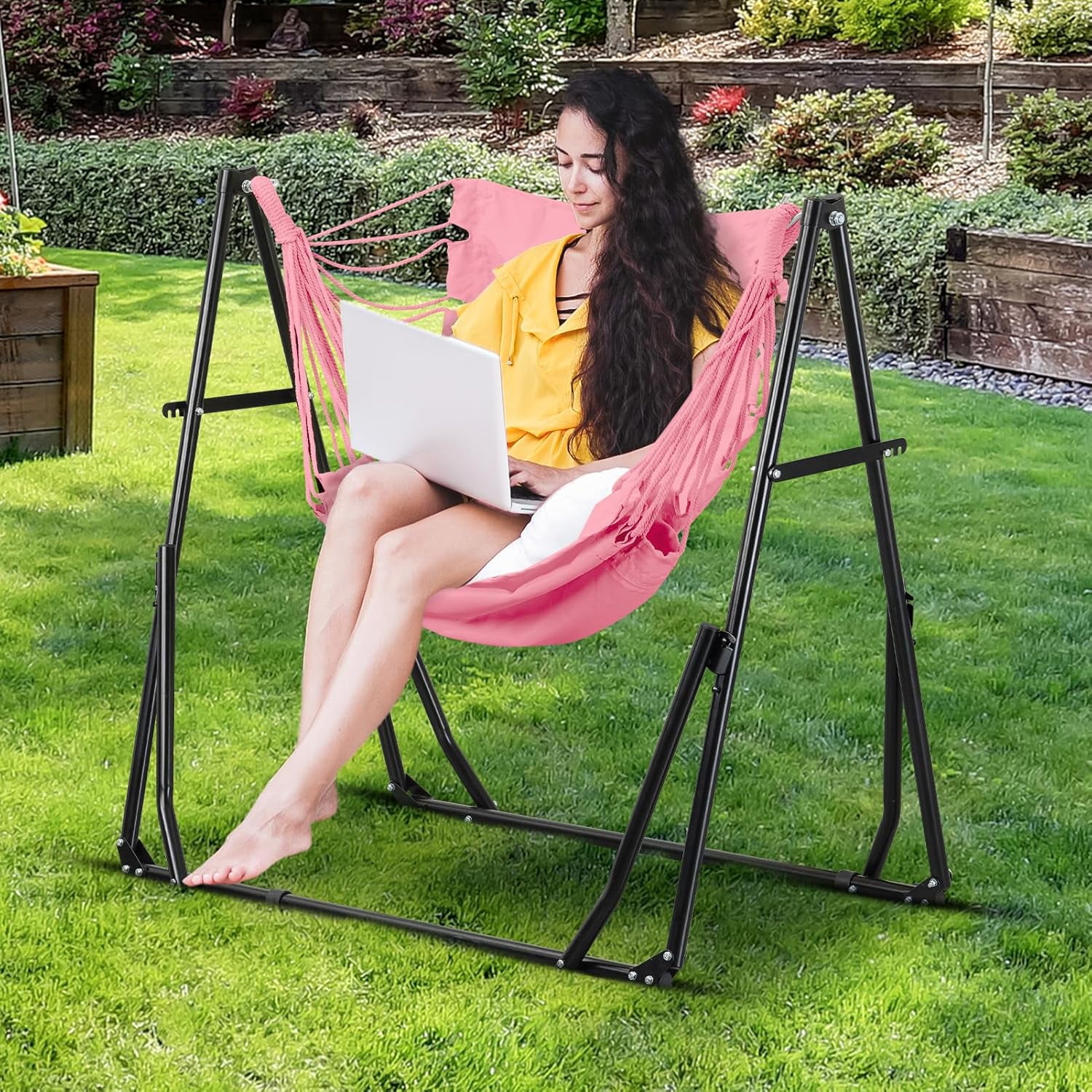 2 in 1 Hammock with Stand, Outdoor Hammock Swing Chair with Portable Heavy Duty Stand, Multi-Functional Hammock Stand 480 lbs Weight Capacit-Pink