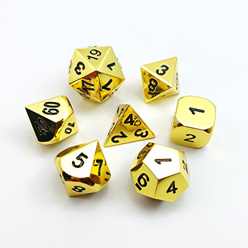 Set of 7 Deluxe Metal Golden Polyhedral Game Dice Set, Golden RPG Game Dice 7pcs Set of d4 d6 d8 d10 d12 d20 d%