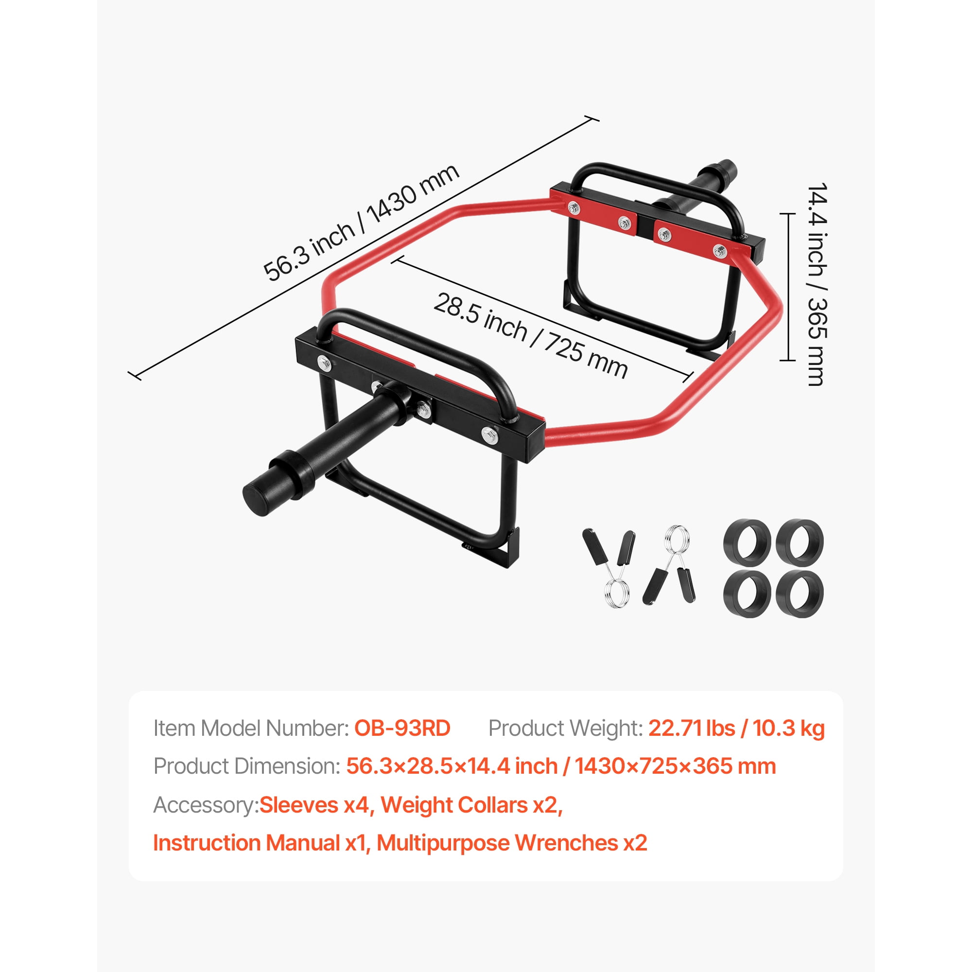 KFFKFF Hex Barbell Trap Bar, 2-Inch Weightlifting Bar, 500 LBS Capacity for Strength Training, Home Gym Equipment for Squats, Deadlifts, and Shoulder Presses, Red