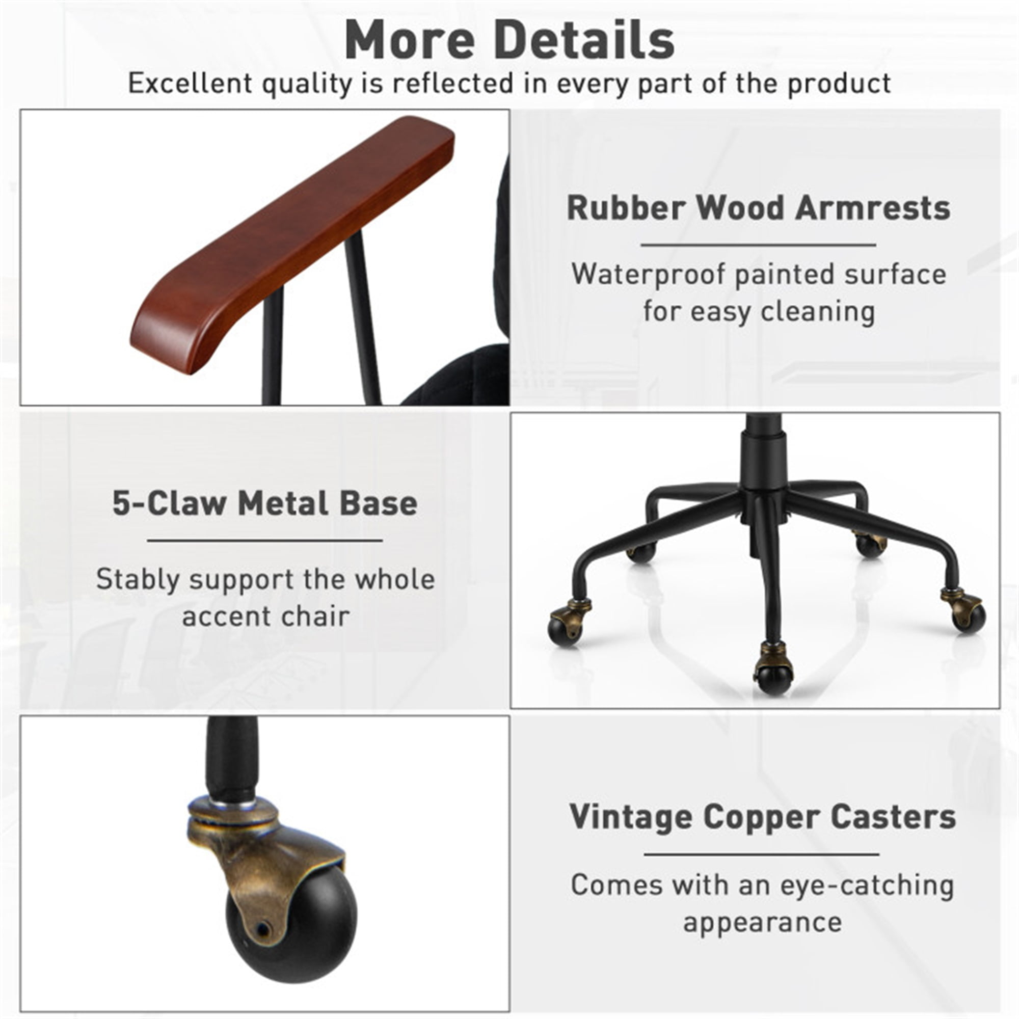 Demi Bonn Velvet Home Office Chair with Wooden Armrest, Rolling Work Computer Desk Chair for Home, Bedroom, Study, Black