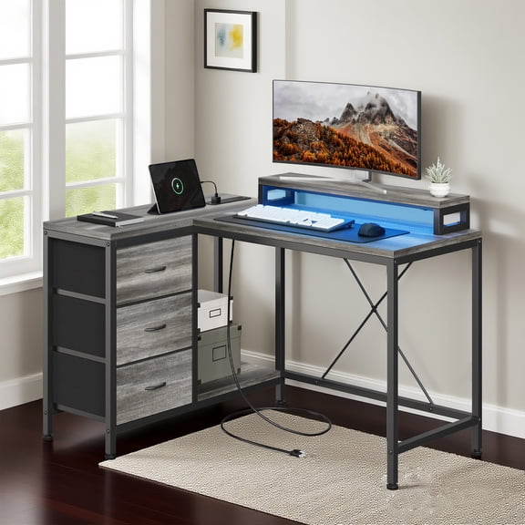 43 Inch Computer Desk With Drawers, L Shaped Desk with Power Outlets and Led Lights, Gaming Desk with Shelves and Monitor Stand