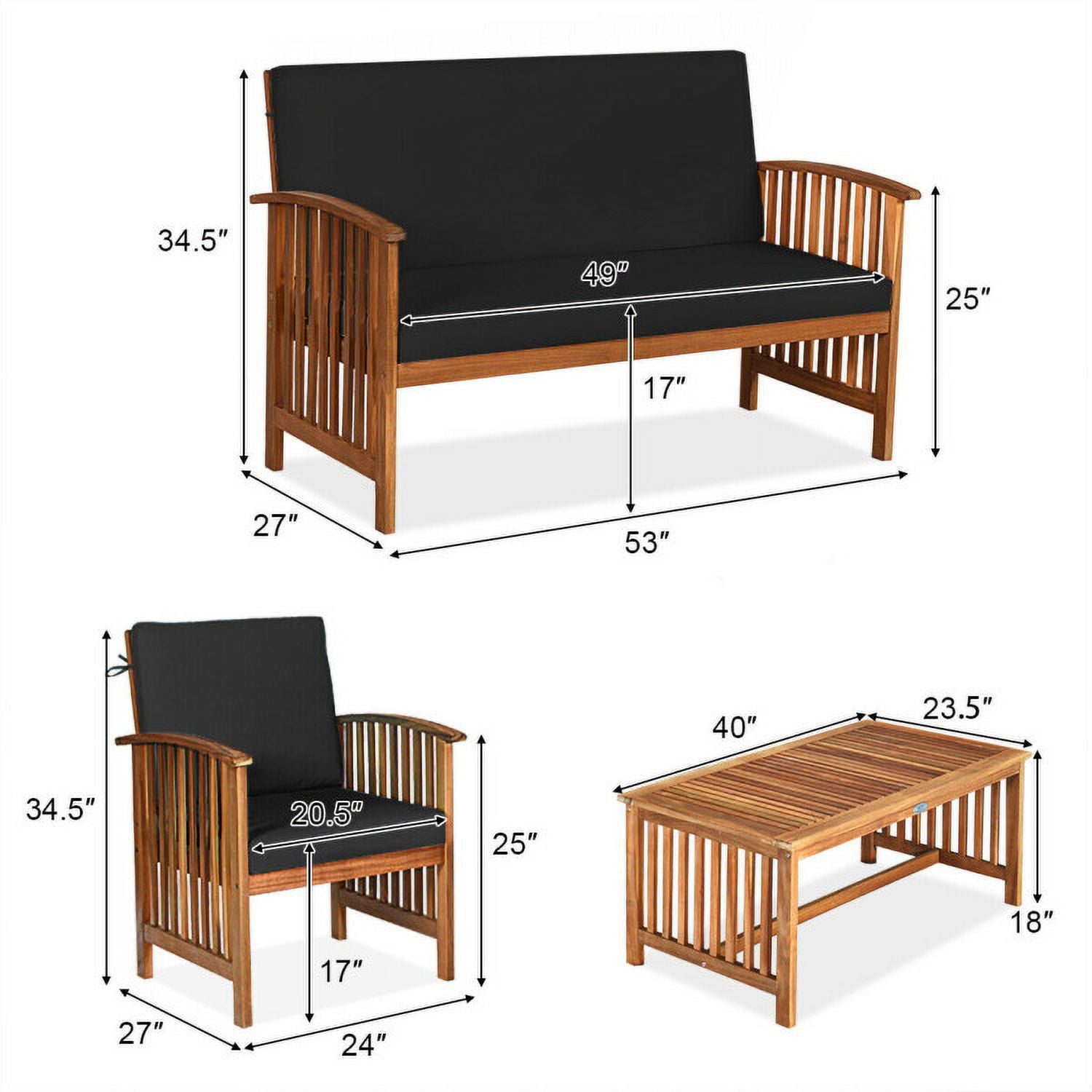 Aimee Lii 4 Pieces Patio Solid Wood Furniture Set, Wood Outdoor Furniture, Black Aimee Lii 4 Pieces Patio Solid Wood Furniture Set, Wood Outdoor Furniture, Black