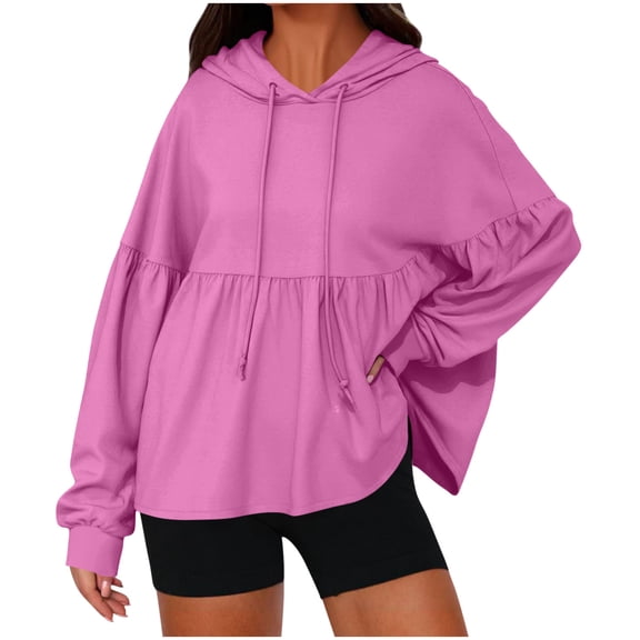 VEKDONE Babydoll Sweatshirts for Women Lantern Long Sleeve Drawstring Sweatshirt Peplum Hem Loose Fit Hoodie Pullover Tops Hot Pink XL