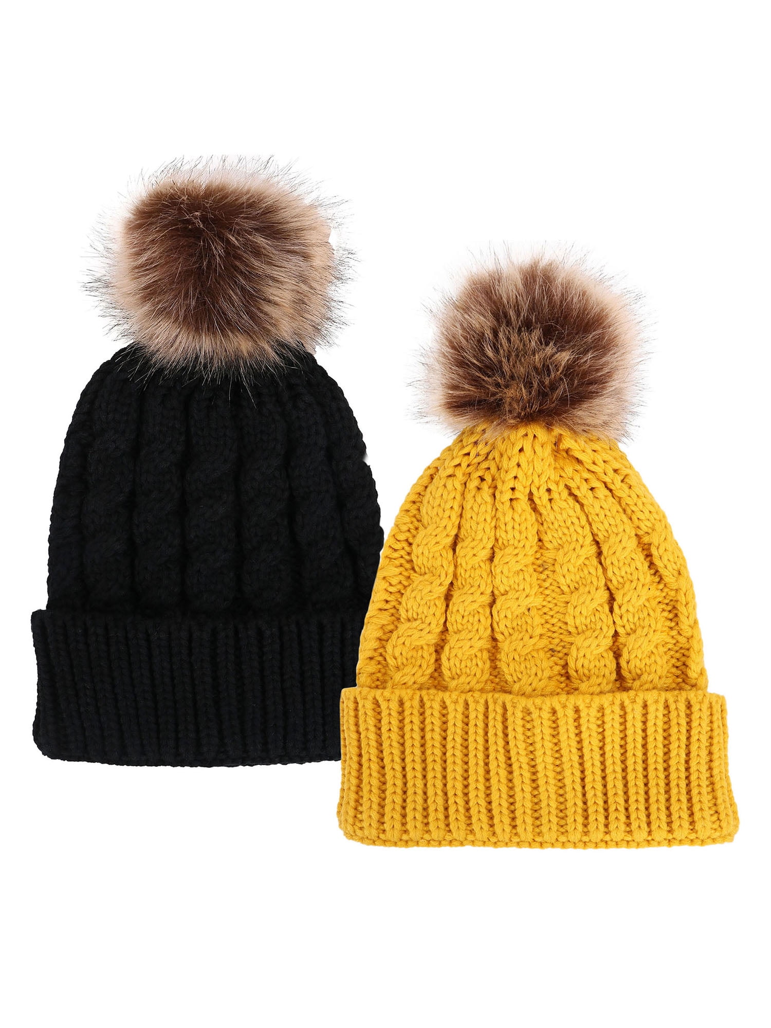 Hand Knit Faux Fur Pom Poms Beanie 