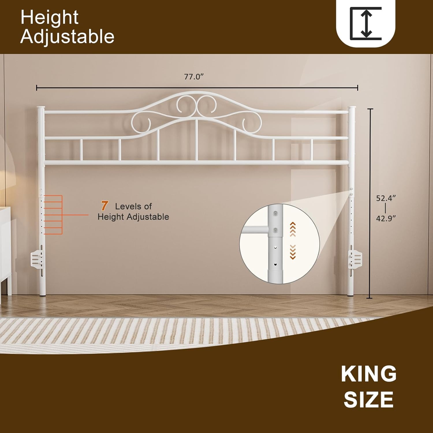 ARICOEASY King Size Metal Headboard, Vintage Iron Headboard with Adjustable Height for King Beds, White