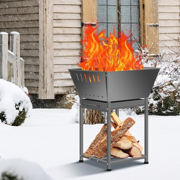 Stainless Steel Square Wood Fire Pit with Grill, 2‑in‑1 Outdoor Firepit with Ash Pan & Wood Storage, Portable for Backyard, Patio, Camping