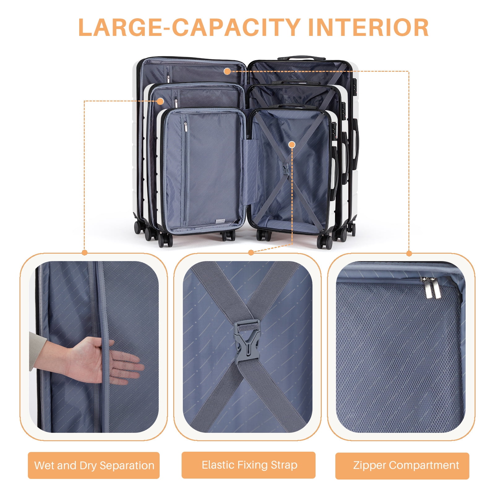 Taoset 20" + 24" + 28"Inch Expandable Hard Shell  Luggage Set, ABS Suitcase with Dual Spinner Wheels, TSA Locks, 3-Piece Spinner Suitcase Set, White