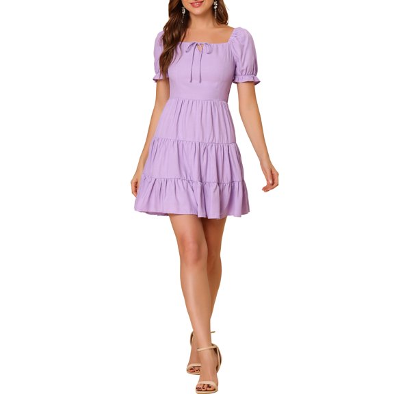 Allegra K Women's Square Neck Pastel Solid Dressess Ruffle Short Sleeve Above Knee Tiered Dress