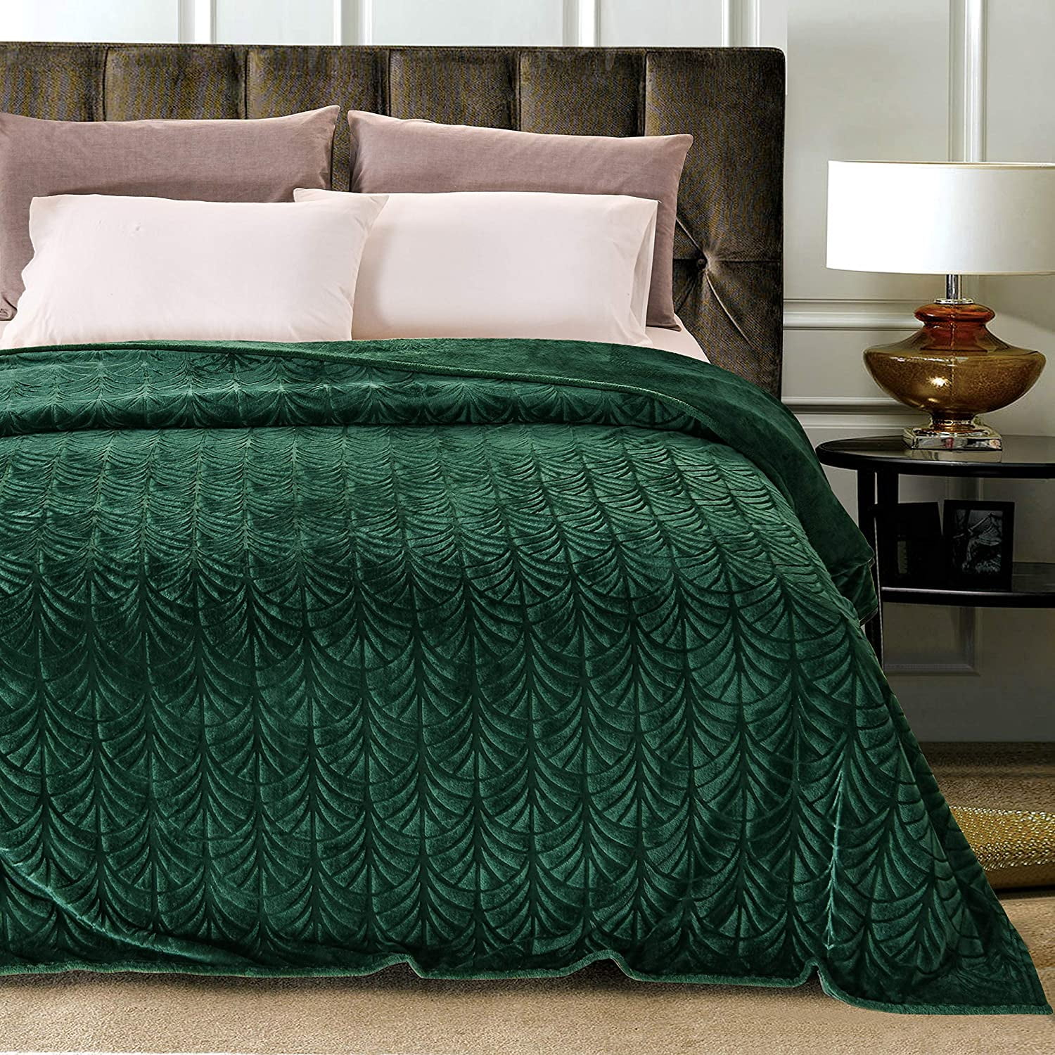 Whale Flotilla Flannel Fleece 90x66 Inch Twin-XL Size Blanket for Bed, Soft Fluffy Velvet Bedspread Coverlet with Decorative Vintage Pattern for All Season, Warm and Lightweight, Deep Green