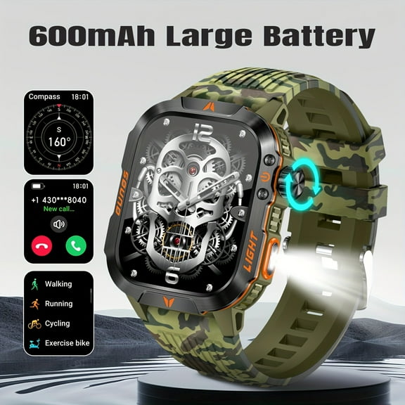 YZHENDEC Men's Outdoor Smartwatch - Bluetooth 5.0, 600mAh - LED Flashlight/Compass/Altimeter - 100  Sports Modes Fitness Tracker - Camouflage, Magnetic Charging - iOS & Android - Xmas Gift