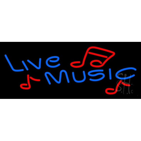 Blue Live Music With Red Notes LED Neon Sign 10" Tall x 24" Wide - inches Black Square Cut Acrylic Backing, with Dimmer - Premium built indoor Sign for Studio, Club, Décor, Event, Storefront.
