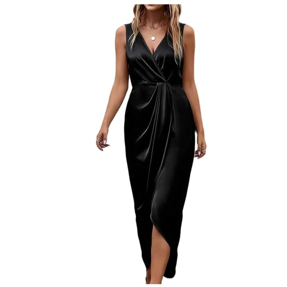 Hduncf Women's Wrap V Neck Sleevedless Lrregular Midi Dress Split Hem Ruched Pleated Formal Evening Party Dresses Black S