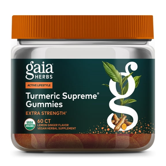 Gaia Herbs Turmeric Supreme Gummies Extra Strength - Supports Healthy Inflammatory Response in Healthy Individuals* - Lemon Ginger Flavor - 60 Vegan Organic Gummies (20 Servings)