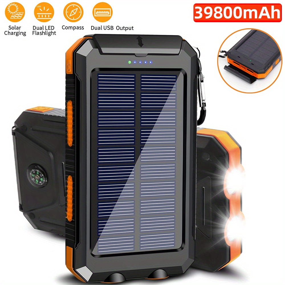 【Camping Essential】39800mAh Solar Power Bank, Portable Solar Charger with Dual USB, Fast Phone Charging Battery Pack for Outdoor Travel, Emergency LED Flashlight & Compass for Hiking, Waterproof