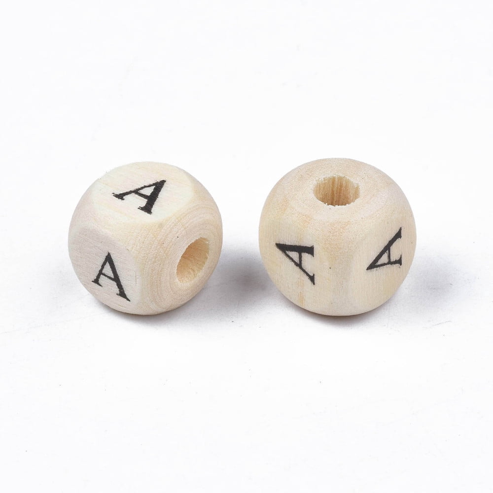 500gs Printed Natural Wood Beads Horizontal Hole Cube with Initial Letter PapayaWhip Letter.A 10x10x10mm Hole: 3.5mm about 1000pcs/500g
