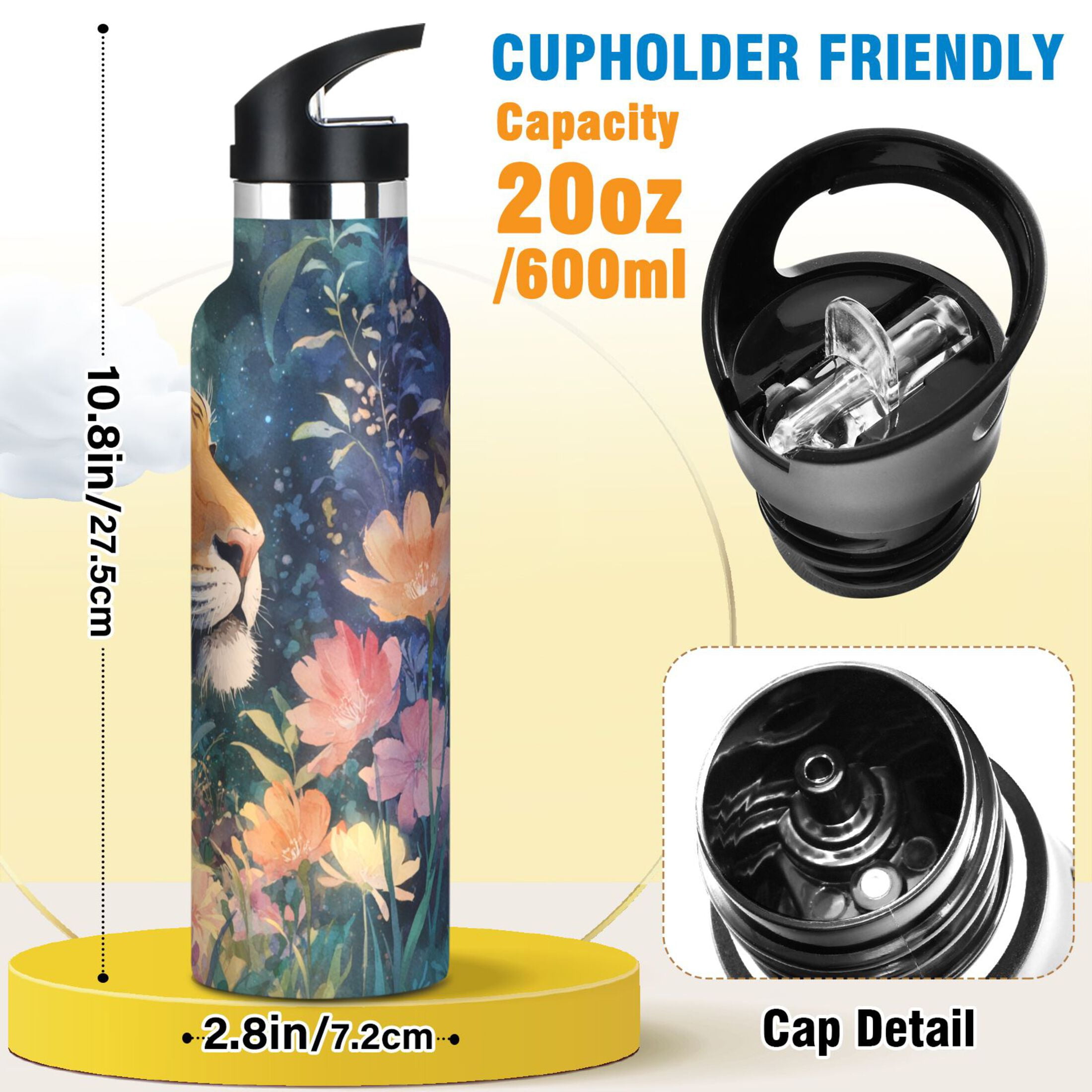 600ML Stainless Steel Insulated Cup Sports Water Bottle Portable Thermos Cup Water Glasses Insulated Tumblers Convenient and Durable Night Tiger