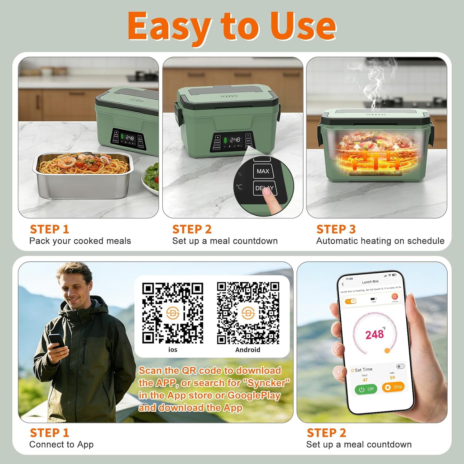 Cordless Electric Lunch Box for Adults, Rechargeable Heated Lunch Box with Scheduled Heating, Portable Food Warmer with Memory Function & Automatic Keep Warm, Christmas White Elephant Gifts