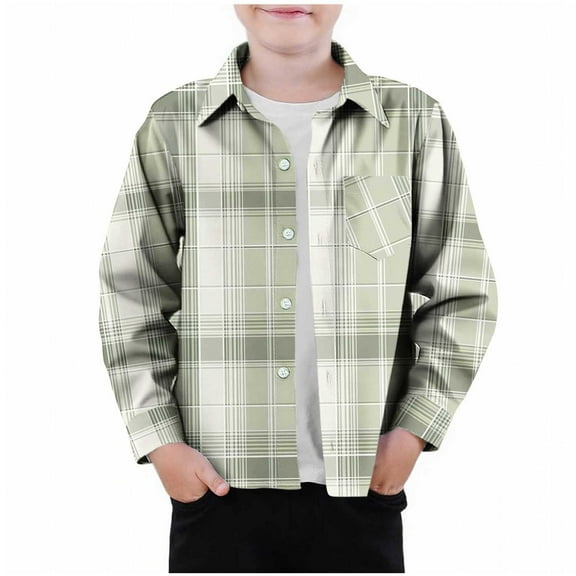 AUNVITO Kids Checkered Shirt with Pockets Long Sleeve Button-Up Breathable Polyester Casual Top for Boys & Girls 2-12Y