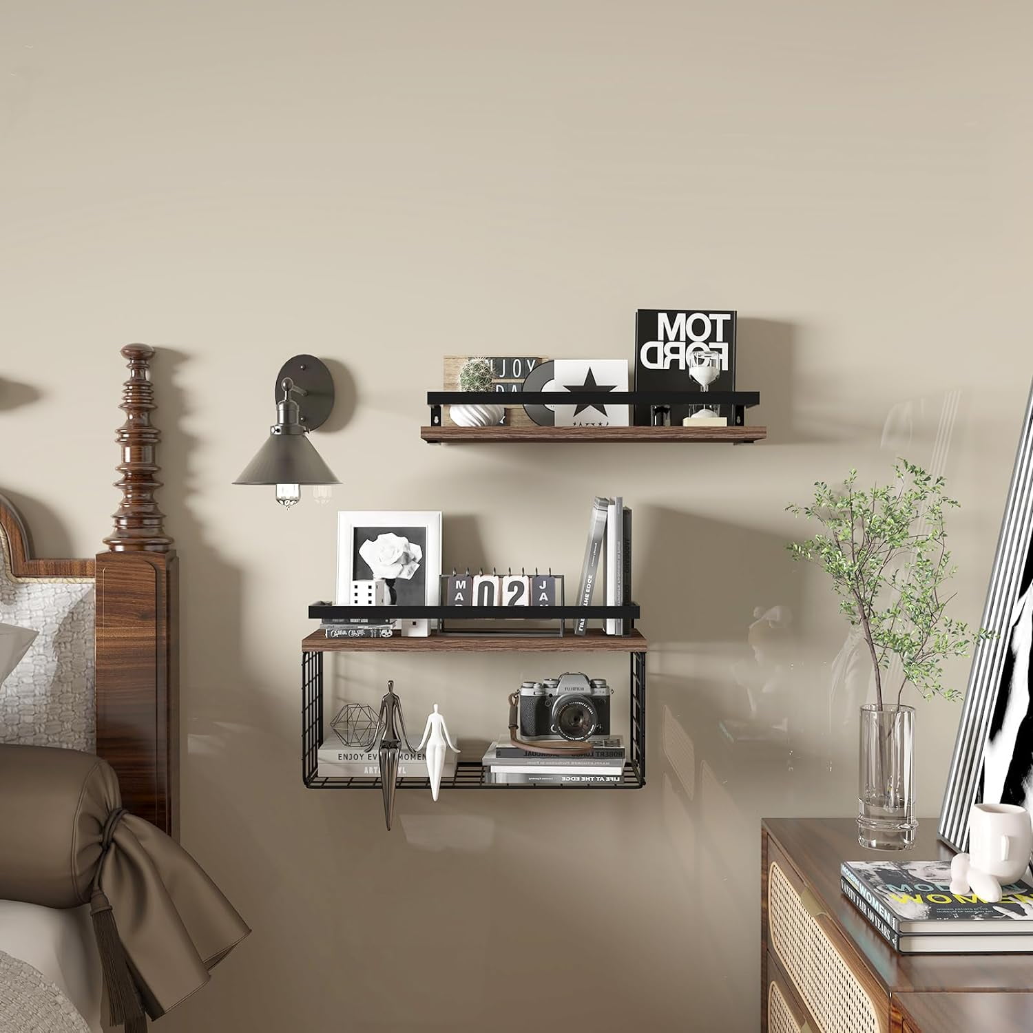 Floating Shelves with Wire Storage Basket, Bathroom Shelves Over Toilet, Set of 2