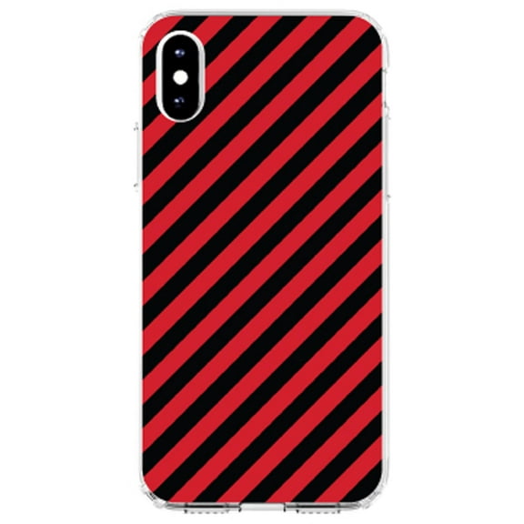 DistinctInk Clear Shockproof Hybrid Case for iPhone XR (6.1" Screen) - TPU Bumper, Acrylic Back, Tempered Glass Screen Protector - Black Red Diagonal Stripes
