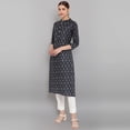 thumbnail image 3 of Janasya Indian Chinese Neck 3/4 Sleeve Abstract Grey Cotton Flex Kurta For Women, 3 of 6