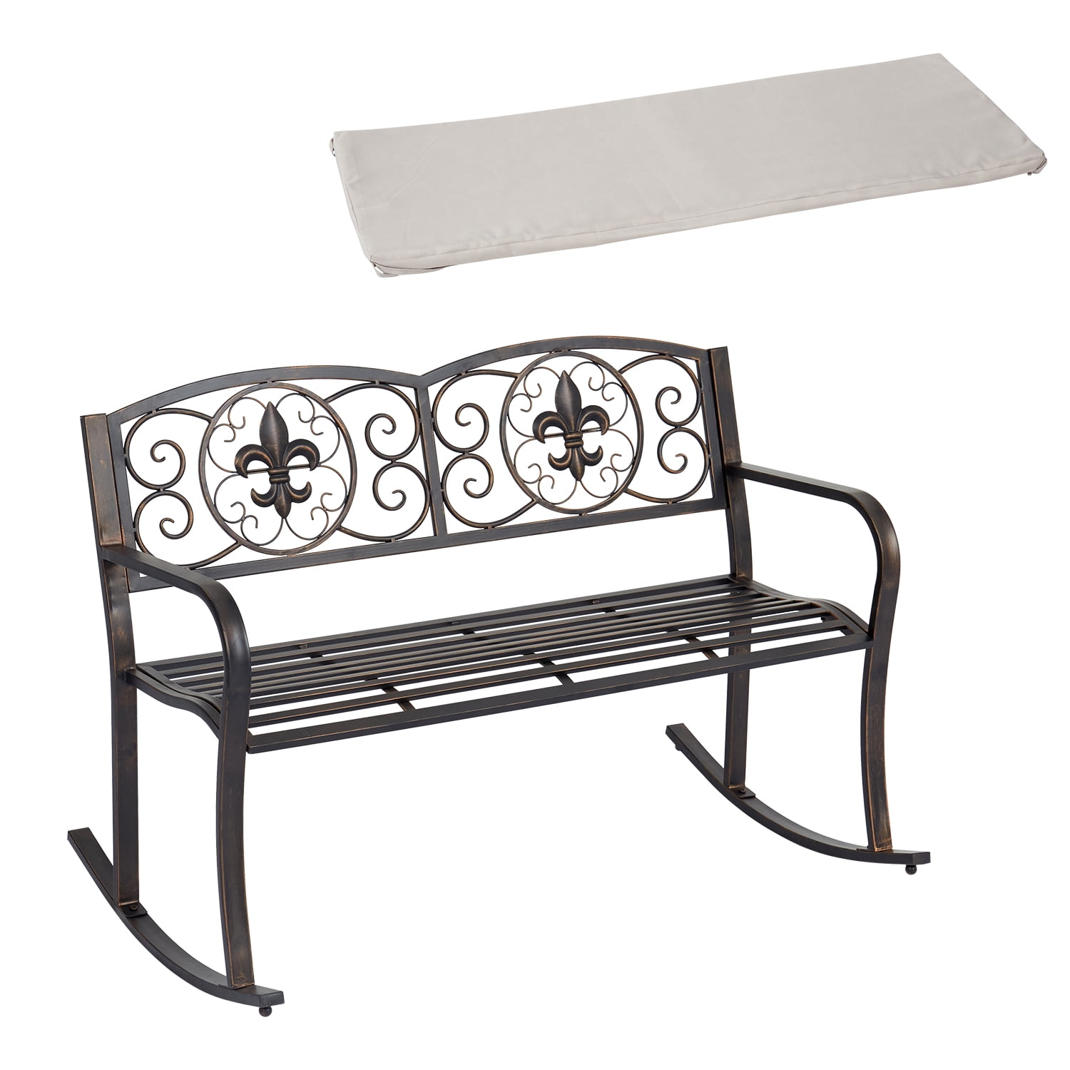 Kinbor 50” Outdoor Garden Benches 2 Person Patio Metal Rocking Bench with  Cushion, Double Rocker Rocking Chair for Deck Balcony 