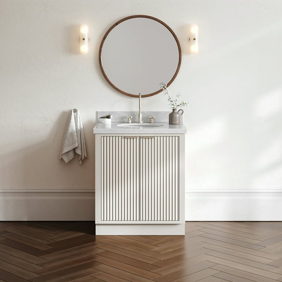 ARIEL Milan 31 Inch Single Oval Sink Bathroom Vanity with Carrara White Marble Countertop 1.5 Inch in Warm White