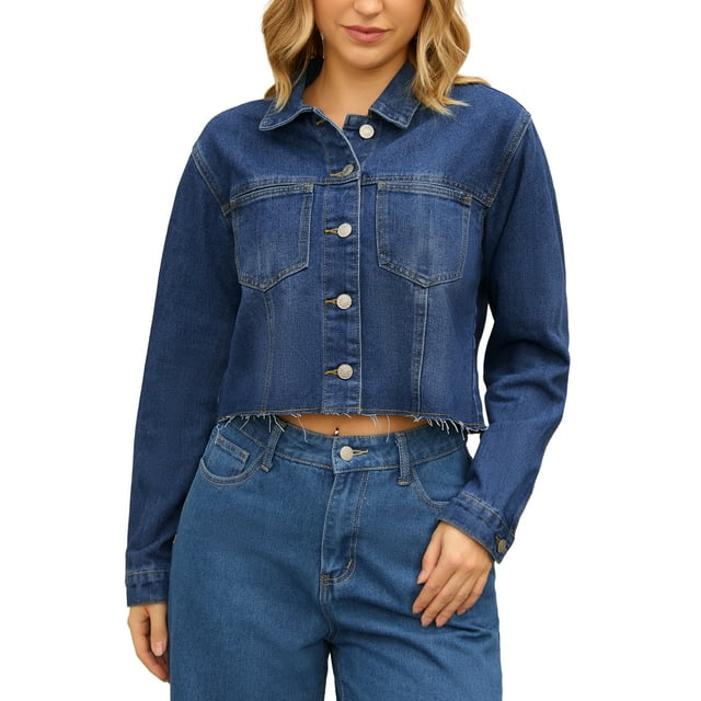 Chaqueta de mezclilla recortada de manga larga con dobladillo deshilachado para mujer INSPIRE CHIC L Azul oscuro