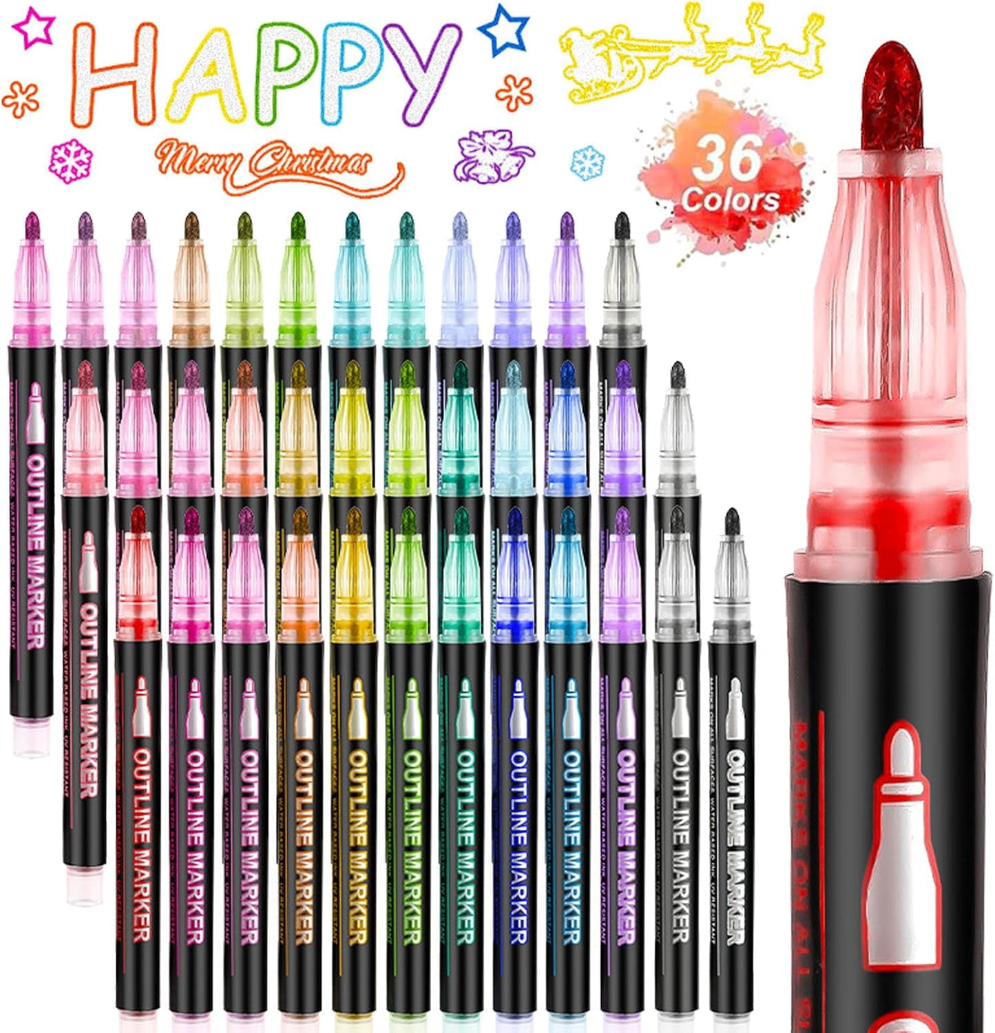 Dreamy Sparkle Dual-Line Contour Pen, 8/12/24/36/Colors Outline Art Pen with Metallic Sparkle, Quick-Dry Ink Marker for Drawing, Coloring and DIY Crafts