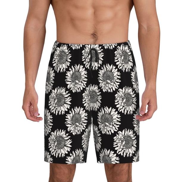 Balery White Sunflowers Pantalones cortos de pijama de punto de algodón para hombre con cinturilla y bolsillos-Large