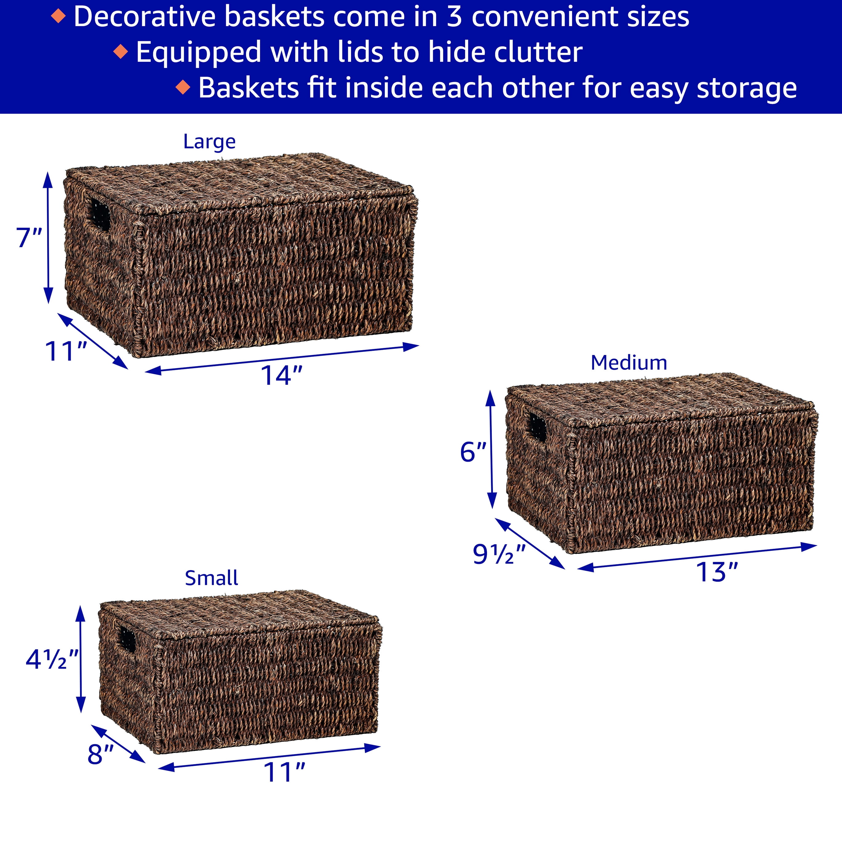 Rectangular Seagrass Baskets with Lids (Set of 3, Brown)