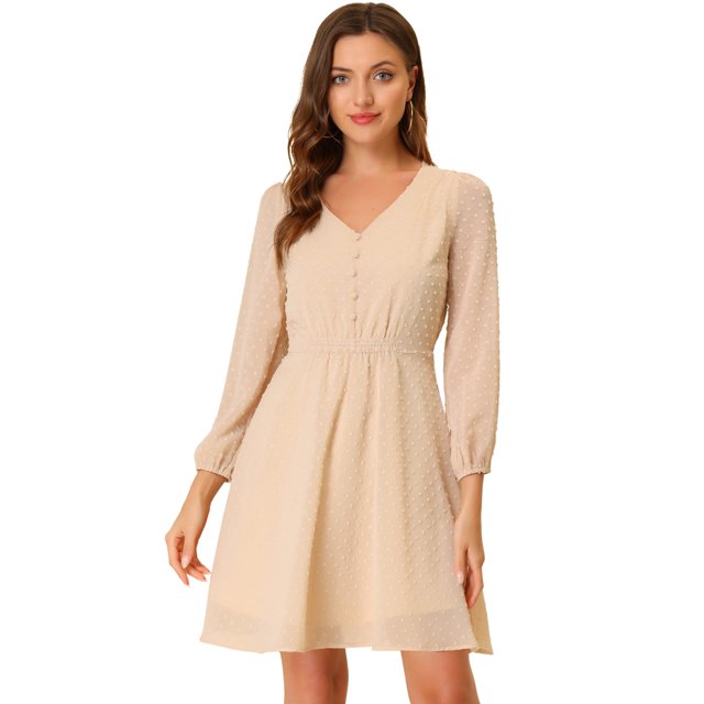 INSPIRE CHIC Robe Fluide à Taille Élastique pour Femmes Col en V Manches 3/4 Robe en Chiffon Ligne A Abricot TP
