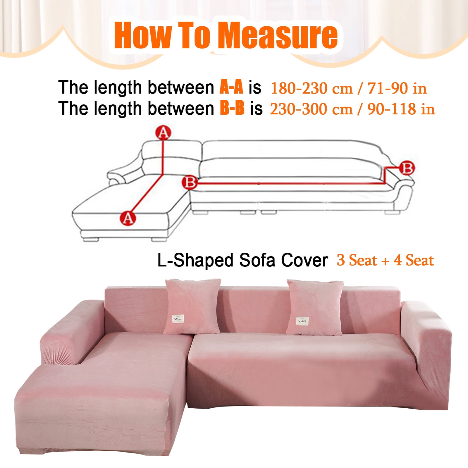 CJC Sectional Couch Covers, Velvet Stretch L Shape Sofa Covers, 2pcs Sofa Slipcovers for 3 + 4 Seaters Sectional Chaise Slipcover for Pets Kids, Pink