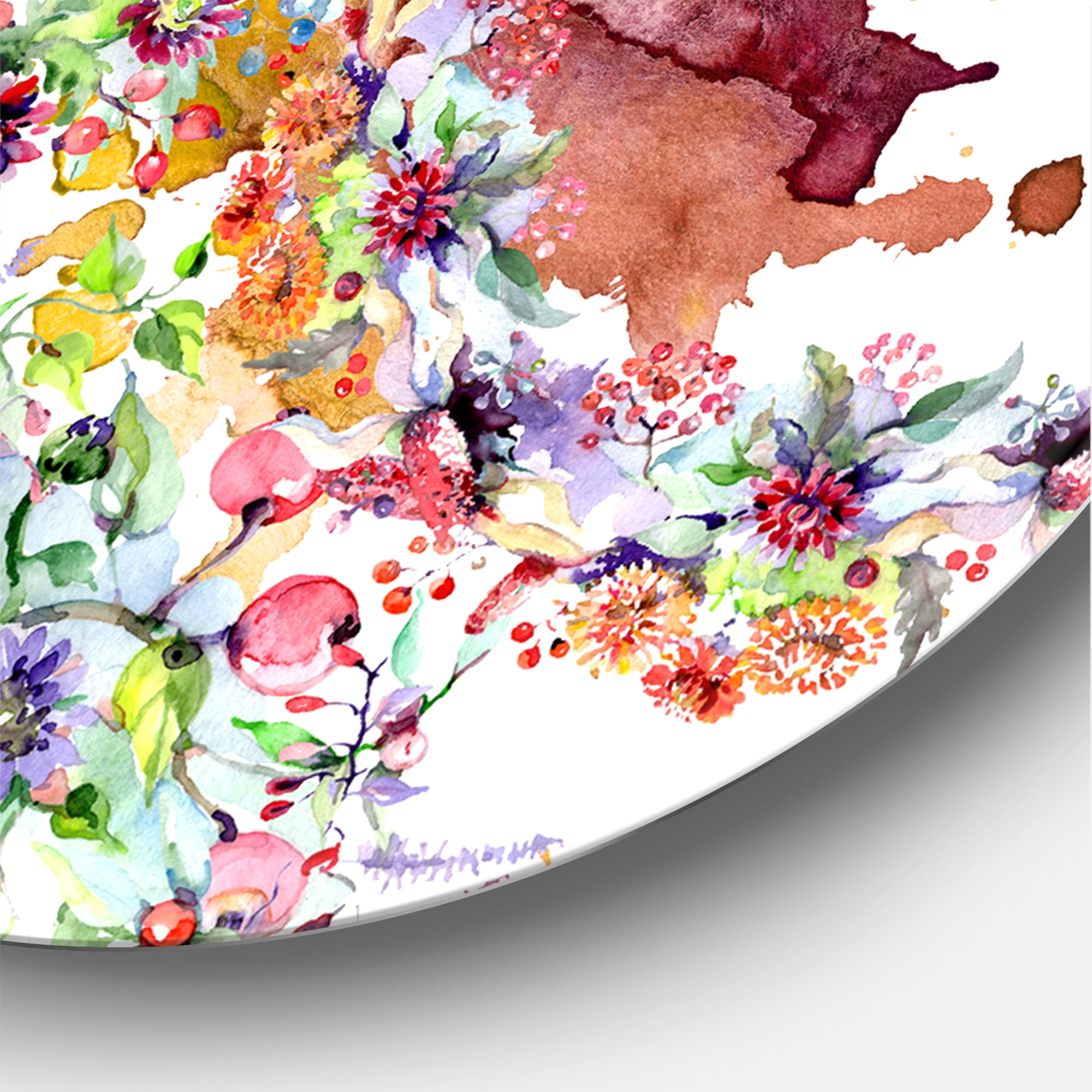 Designart 'Vibrant Wild Spring Leaves, Berries and Wildflowers' Modern Circle Metal Wall Art 23x23 - Disc of 23