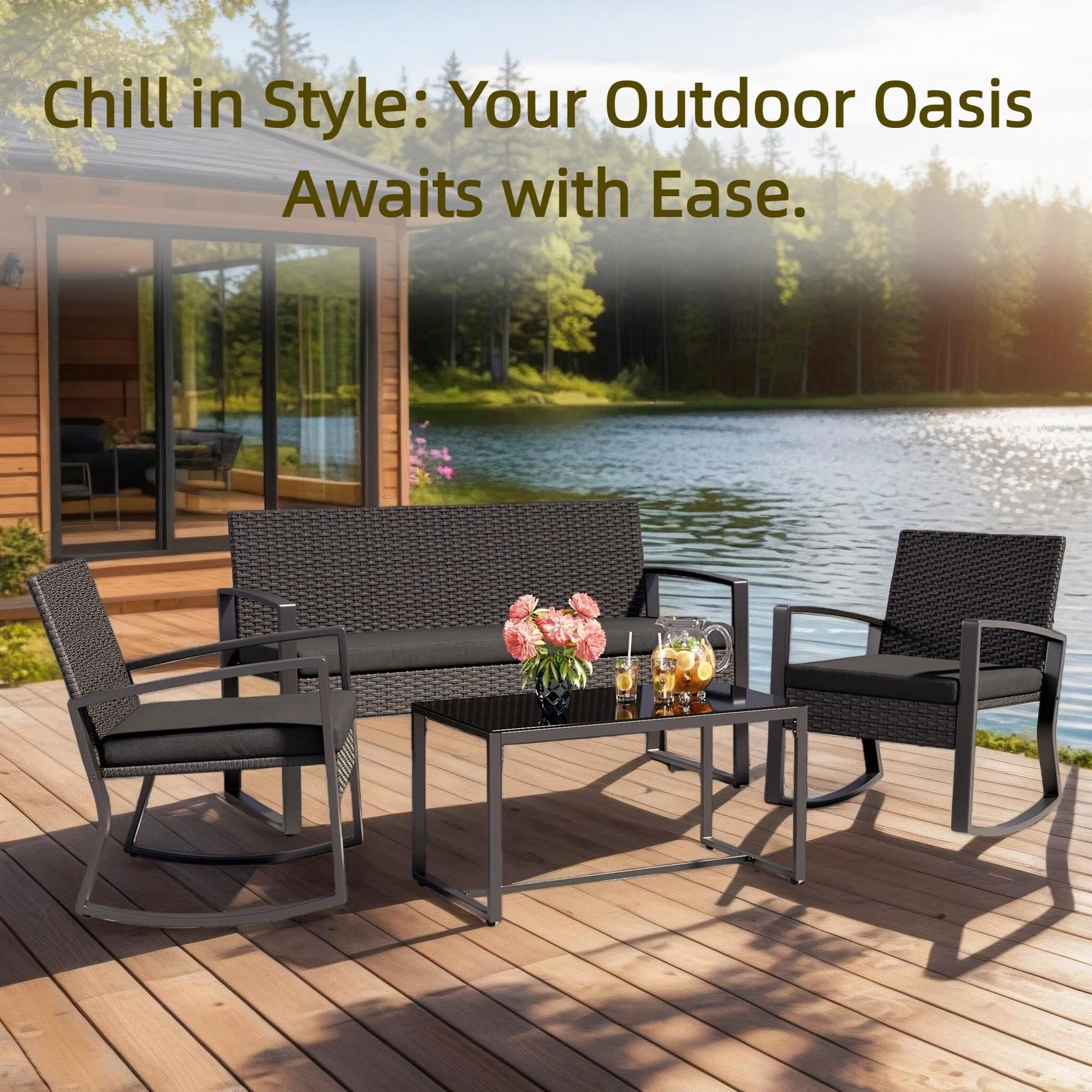 Outdoor Furniture Set for 4, Patio Conversation Set with Patio Rocking Chairs, Rattan Loveseat, Bistro Coffee Table, Removable Cushions for Backyard, Black