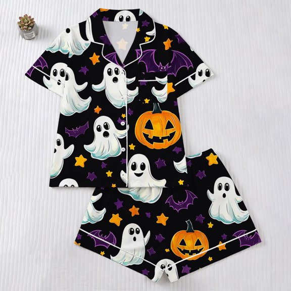 Ounisa Halloween Pajama Sets for Women 2 Piece Ghost Pumpkin Print Shirts and Shorts Button Down Short Sleeve Sleepwear