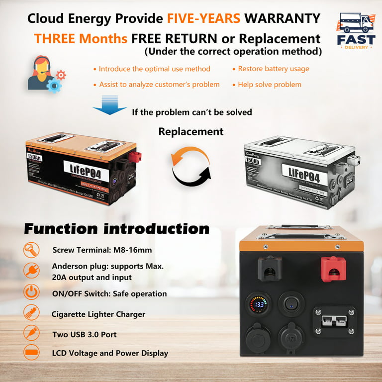 Cloudenergy 24V 150Ah LiFePO4 Battery Pack Backup Power, 3840Wh