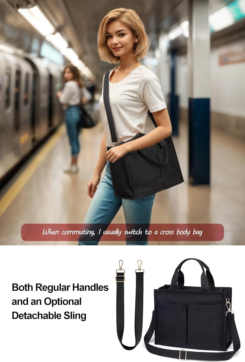 College Tote Bag for Women - Crossbody Canvas Tote Bag with Zipper & 7 Pocket for Work College Teacher Nurse Gift