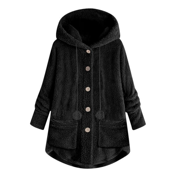 Patlollav Winter Jackets for Women Plus Size Button Tops Hooded Loose Cardigan Wool Coat